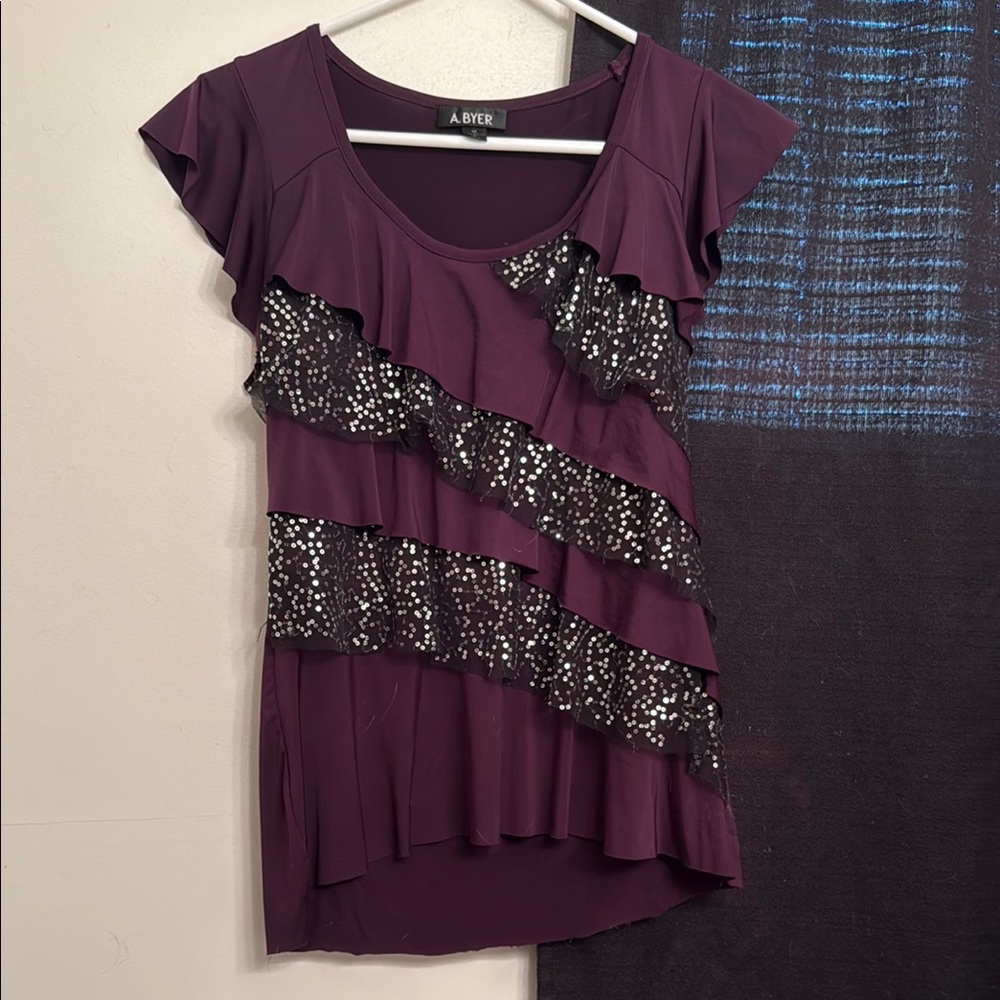 A. Byer Red and Purple Ruffled Asymmetrical Blouse